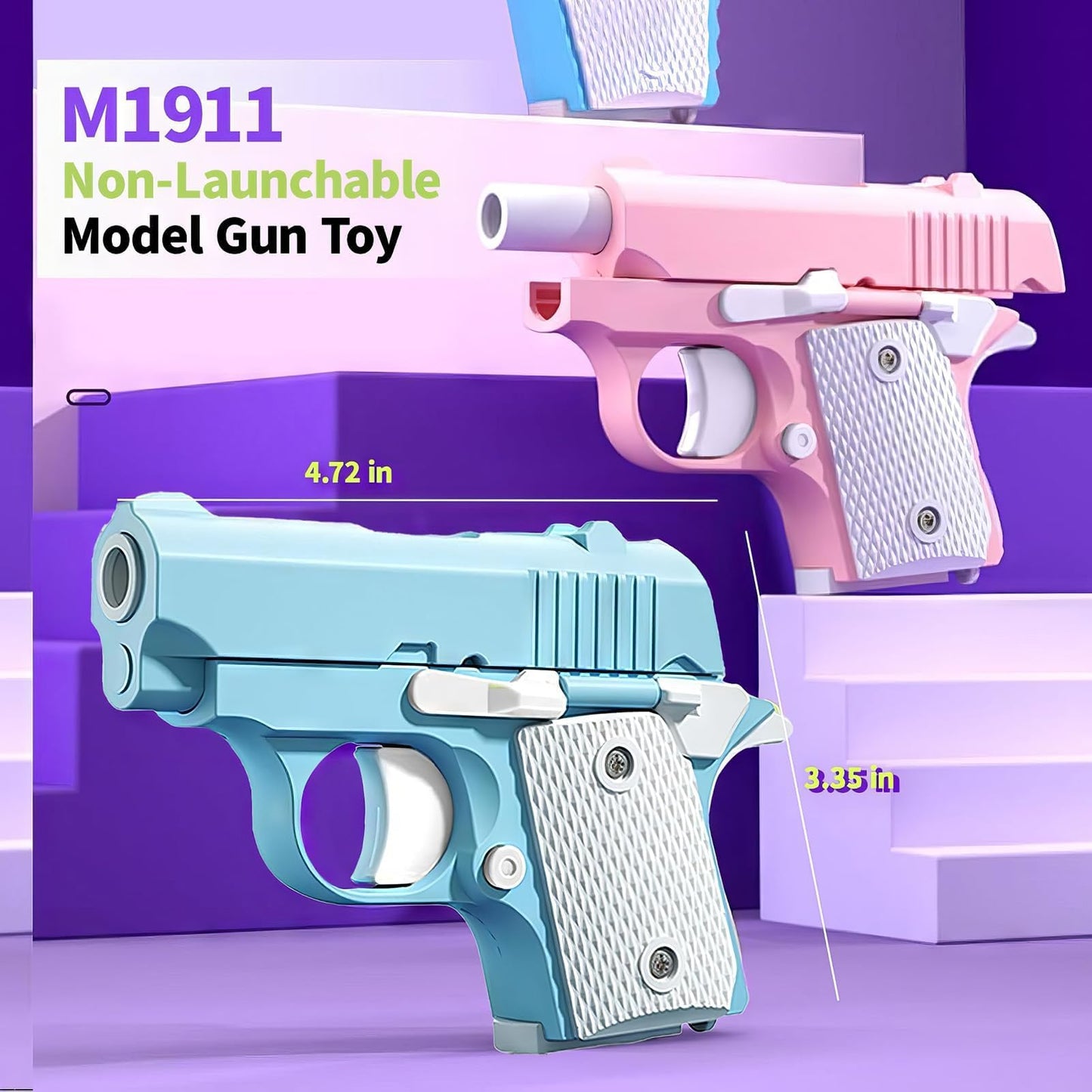 Hikewintoy Cool Fidget 1911 Toy Gun, 2 Pack 3D Printed Mini Stress Relief Toys, Fidget Toys Suitable for Relieving ADHD & Anxiety Relief, for Adults and Kids (Pink Blue)