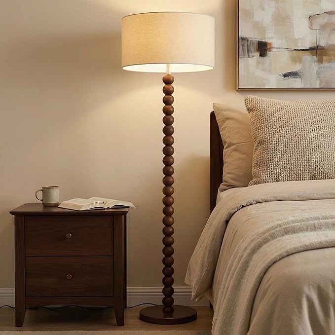 Buruis 61" Beaded Wood Floor Lamp with 17.2" Large Linen Shade, UL Listed, Retro Mid-Century Accent Walnut Finish Standing Lamp for Living Room, Bedroom, Office, Corner, Beige