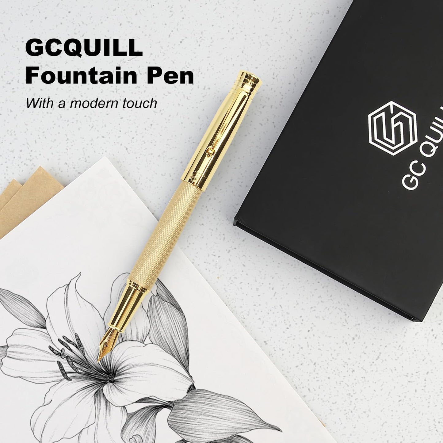 GC QUILL Fancy Fountain Pen Set – Fine and Medium Nibs, 18 Ink Cartridges, Ink Converter, Syringe Filler, Luxury Pen Gift for Men Women, Nice Pen for Writing Journaling (Gold)