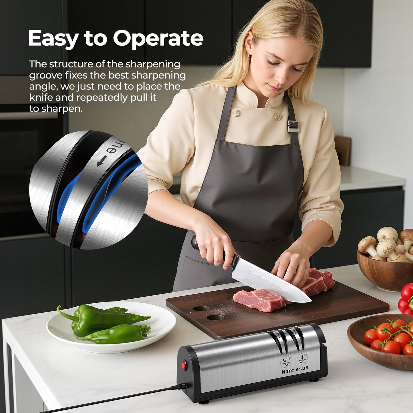 Narcissus Knife Sharpener, Professional 2 Stage Electric Knife Sharpener for Quick Sharpening & Polishing, with Scissors Sharpener and Metal Dust Collection Box, Stainless Steel, Silver