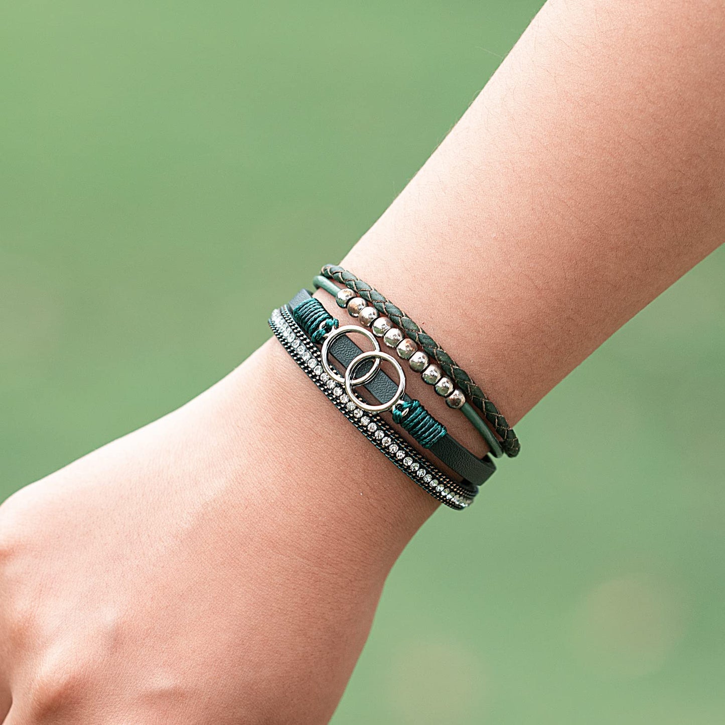 FANCY SHINY Boho Leather Wrap Bracelet Stackable Beaded Infinity Chunky Cuff Bracelets with Magnetic Clasp Western Hippie Outfits Jewelry Gifts for Women(Olive Green)