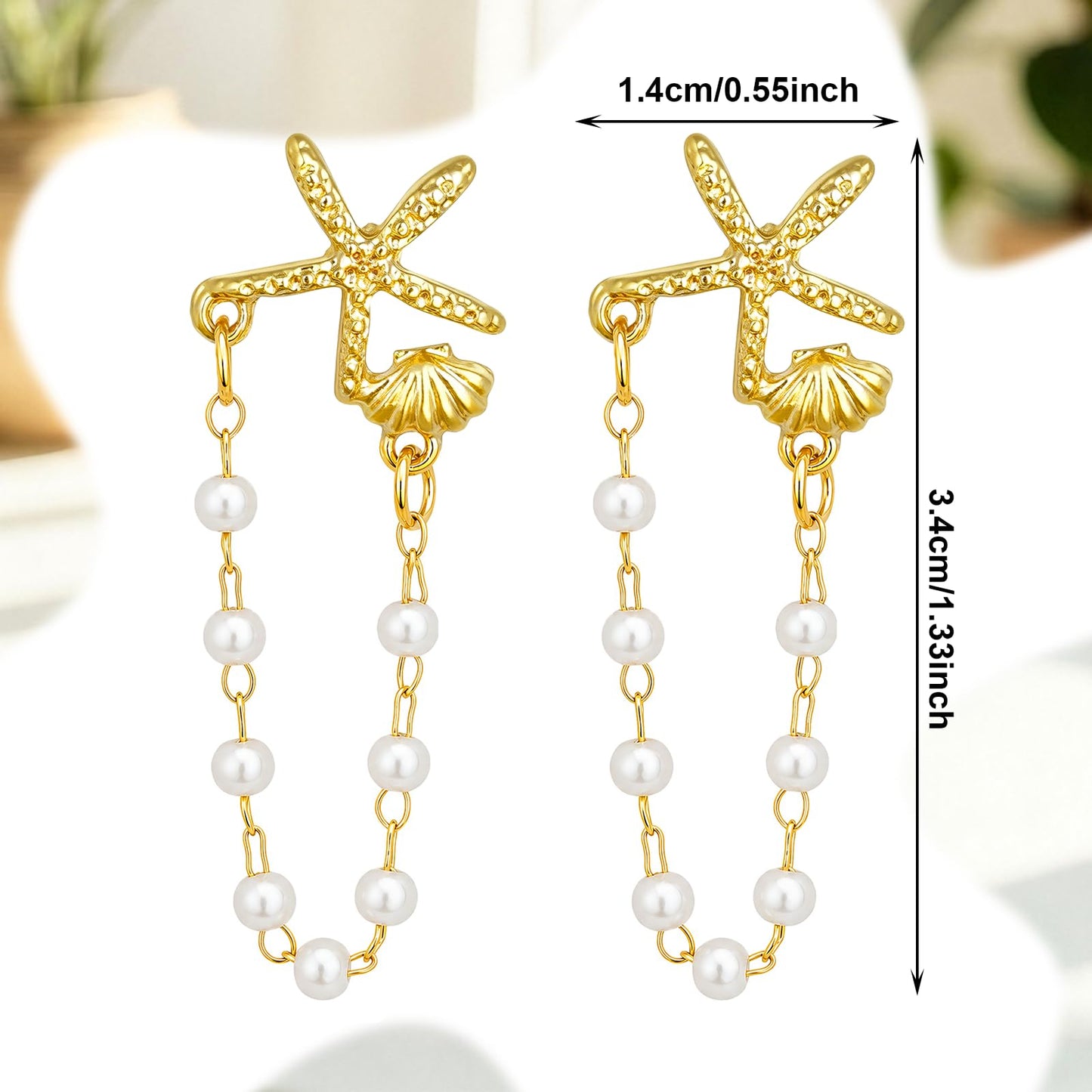Seashell Starfish Earrings Beach Jewelry for Women Gold Chain Pearl Drop Shell Earrings Set for Summer Vacation Tropical Beachy Accessories