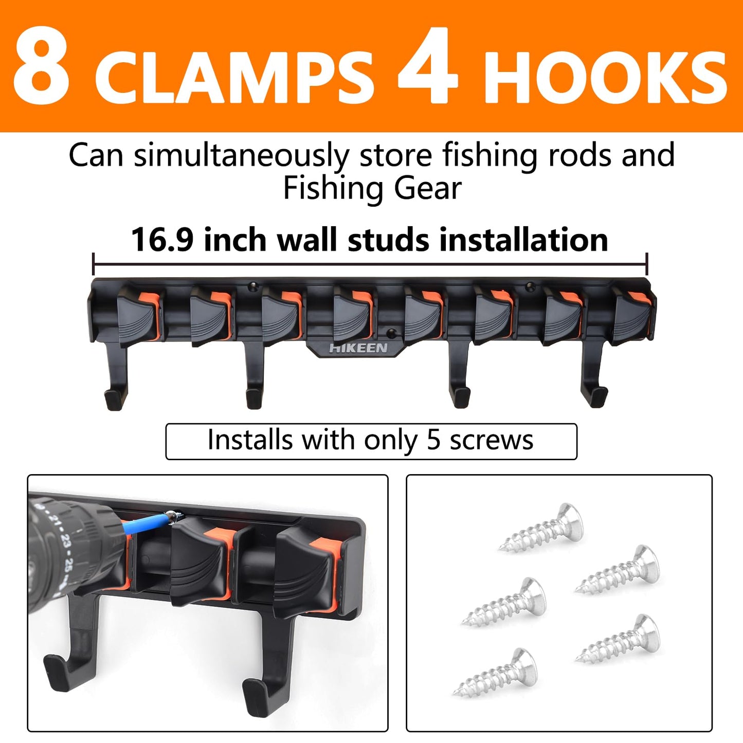 Hikeen Fishing Rod Holders, Wall Mounted Fishing Rod Rack, Fishing Pole Holder Holds Up to 8 Rods or Combos, Fishing Rod Holders for Garage with 4 Hooks, Fits Most Rods of Diameter 3-24mm(1Pack)