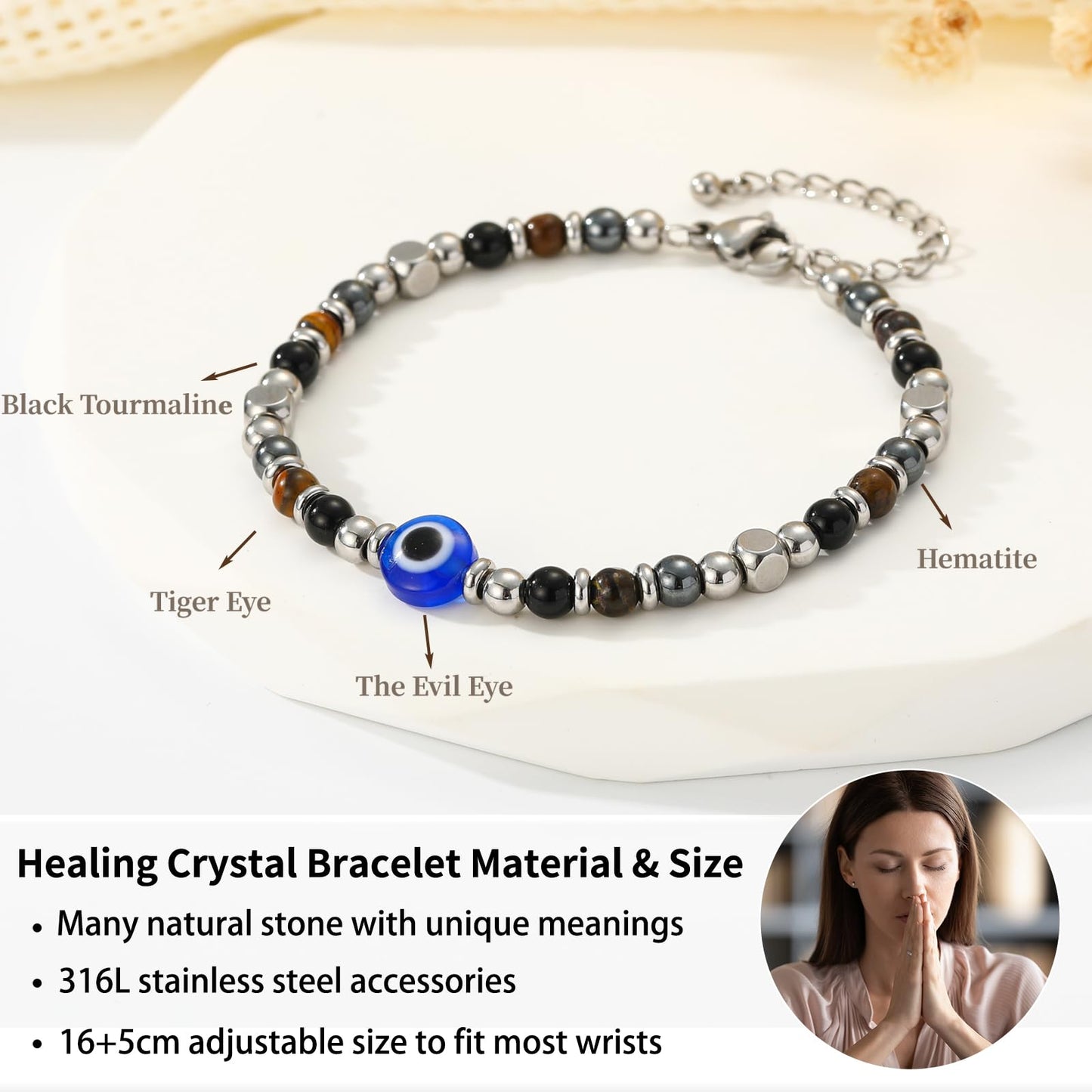 Pavkki Evil Eye Triple Protection Bracelet for Women Gifts Energy Hematite Black Tourmaline Tigers Eye Bead Crystal Healing Jewelry Natural Stones