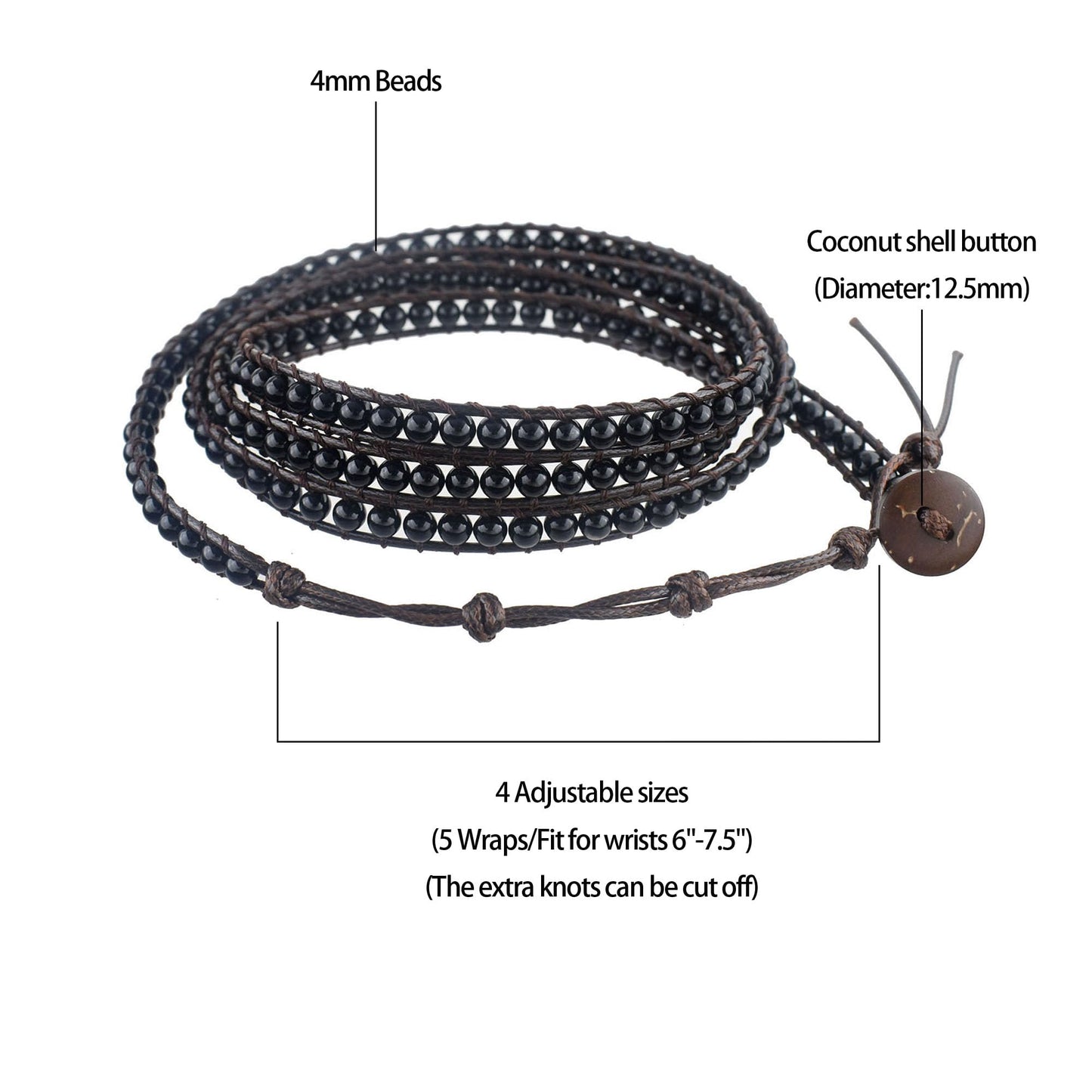 Ayriwoyi Black Onyx Bracelet Beaded Wrap Bracelets for Women Men Natural Stone Agate Bracelet Leather Wrap Adjustable Boho Bracelets