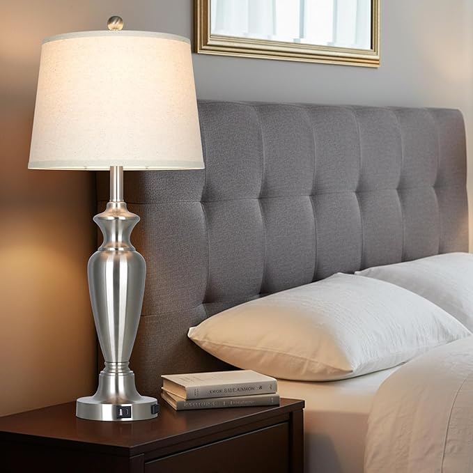 30" Tall Silver Table Lamp for Living Room, 3-Way Dimmable Touch Control Bedside Lamp for Bedroom Nightstand with USB A+C Ports & AC Outlet (1 Pack)