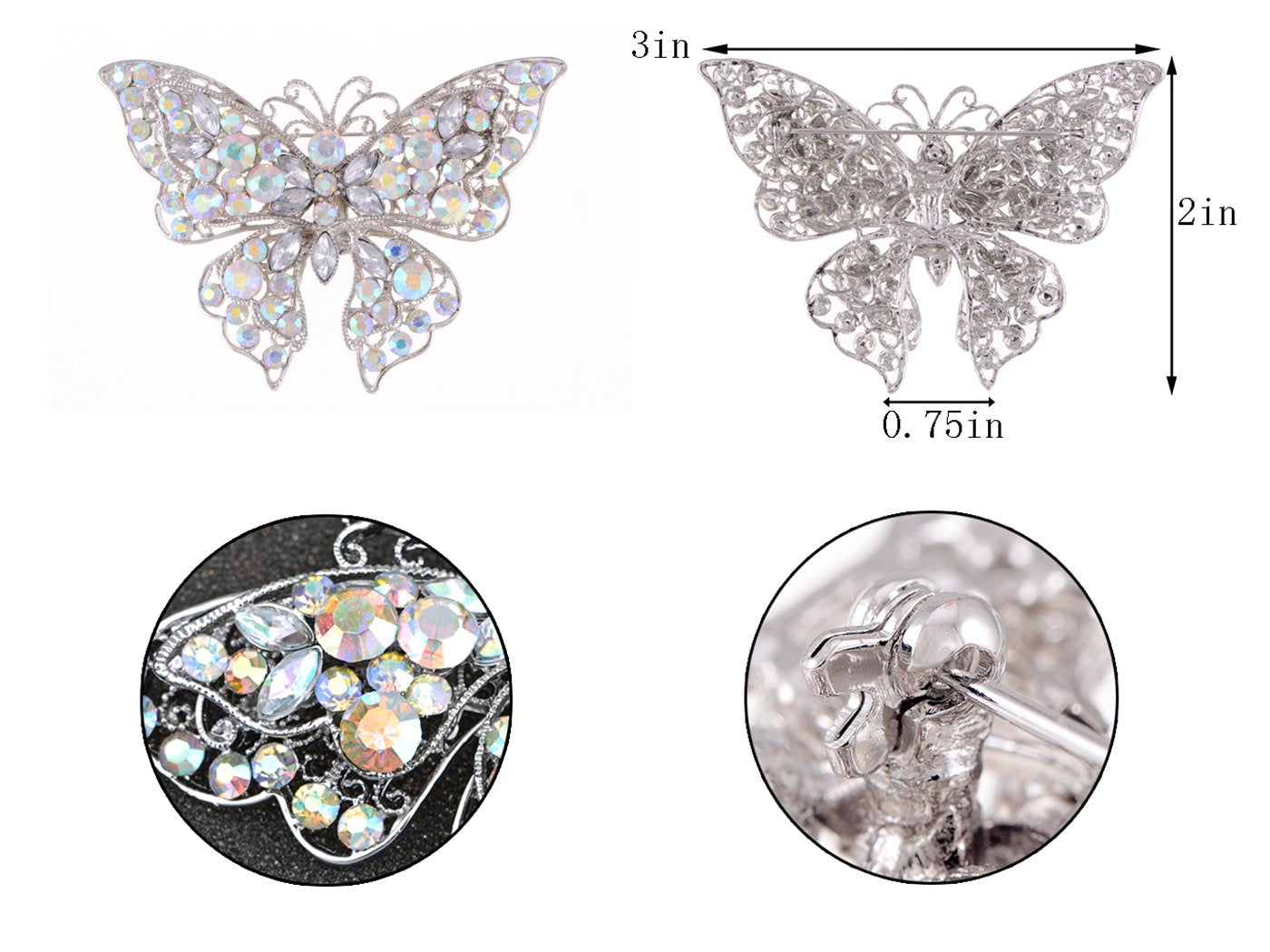 Alilang Silvery Tone Crystal Rhinestone Hollow Out Butterfly Brooch Pin, Aurora Borealis