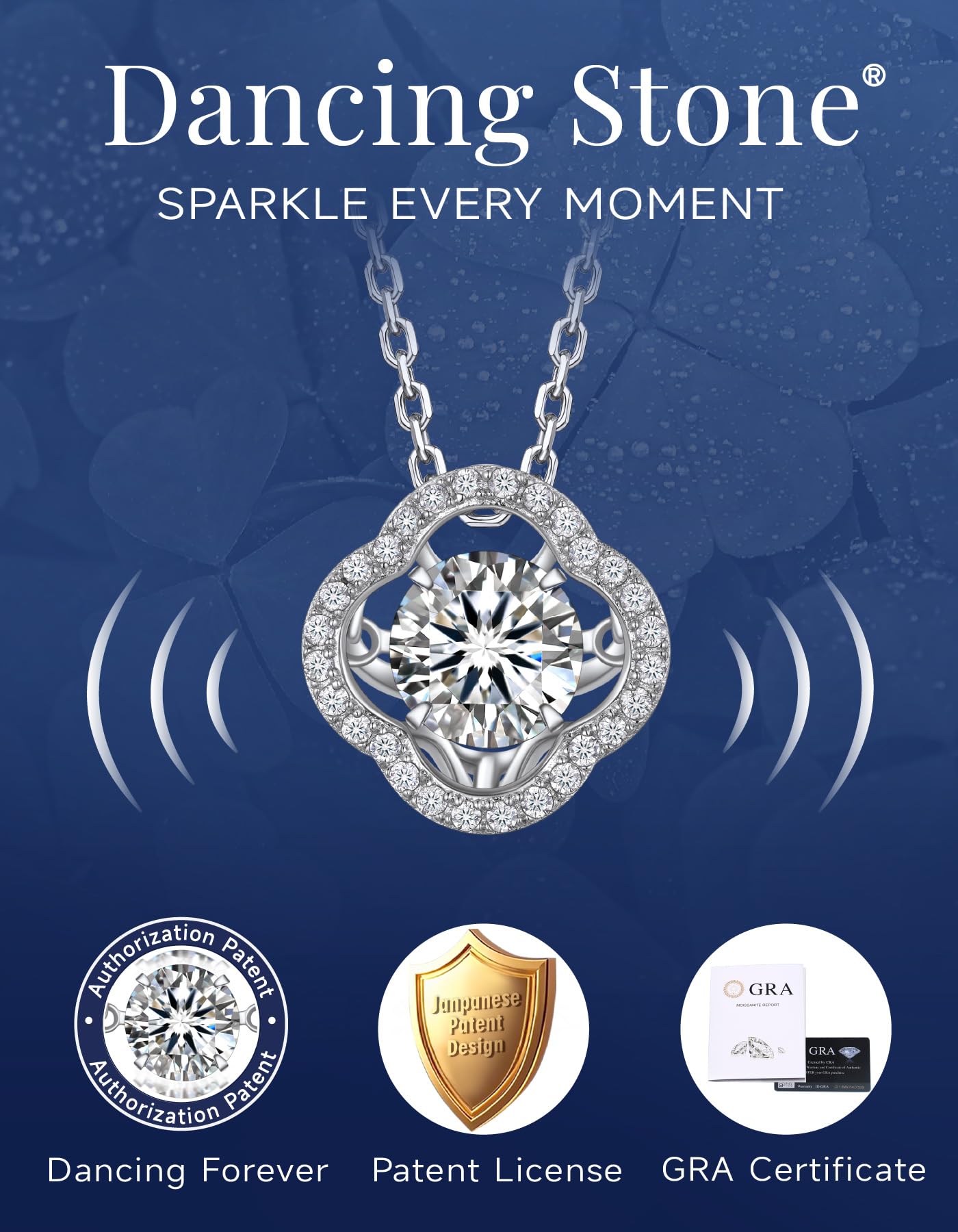 MomentWish Clover Necklace,Sparkling Gift for Her,1Carat Dancing Moissanite Necklace for Women, 925 Sterling Silver Foating Diamond Pendant for Birthday Anniversary
