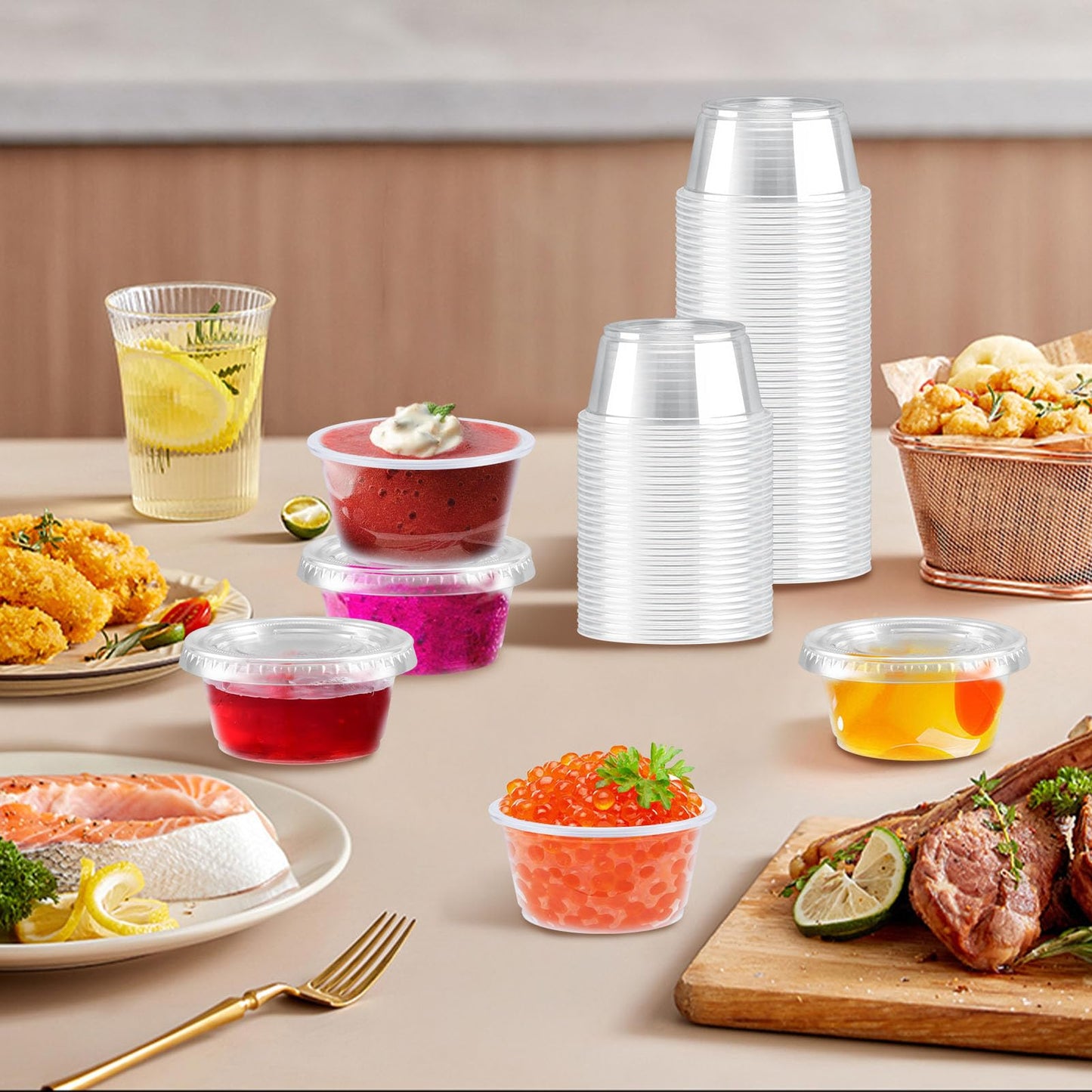 Huifany 400 sets 2 oz Disposable Plastic Portion Cups with Lids, Sturdy Jello Shot Cups, Souffle Cups, Clear Plastic Containers with Lids for Salad Dressing,Condiment and Dipping Sauce