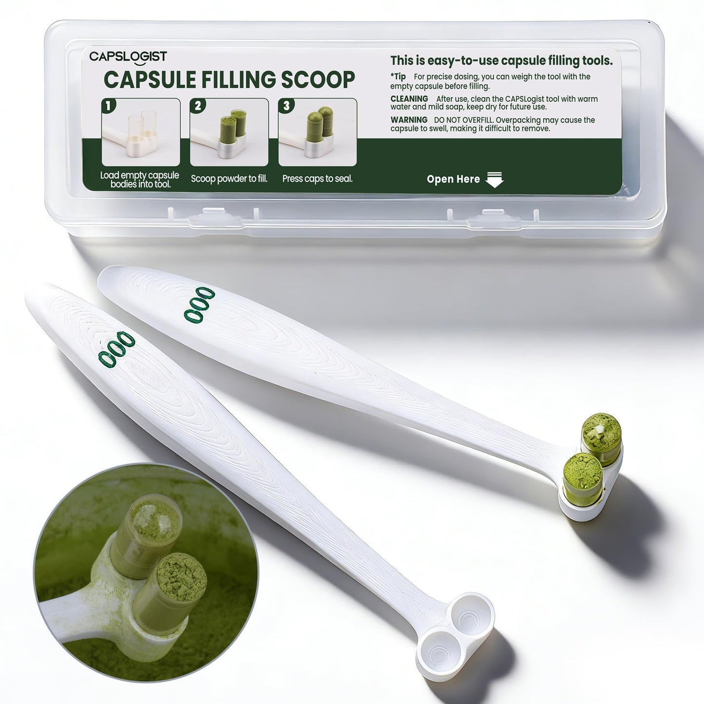 CAPSLogist Capsule Scoops 2 Pack, Tools for Filling Capsules, Empty Pill Capsule Filler for Supplements Powdered, Suitable for Size 000