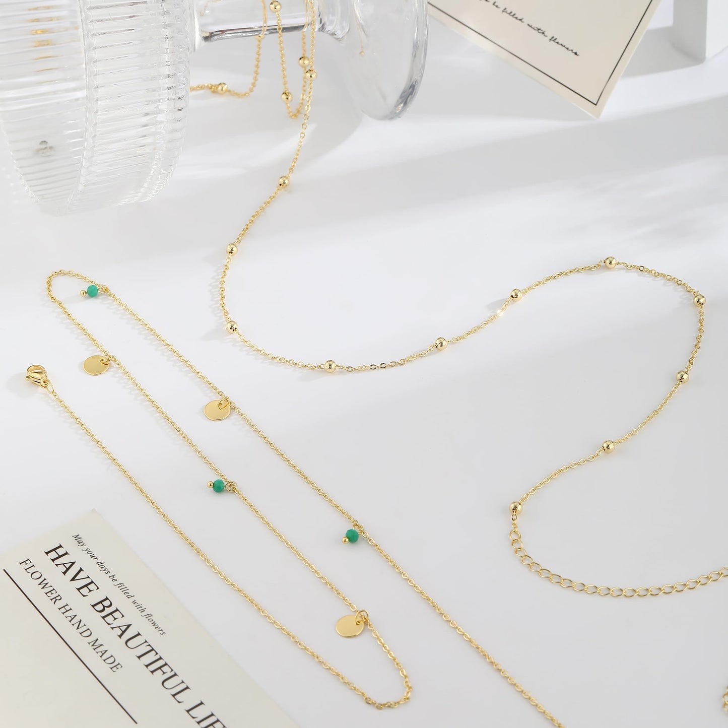 MFRYK 2PCS 14K Gold Plated Waist Chain Layered Satellite Boho Green Beaded Belly Body Chain Boho Beach Waist Chains For Women Adjustable Waterproof Sexy Bikini Body Chain Jewelry For Women