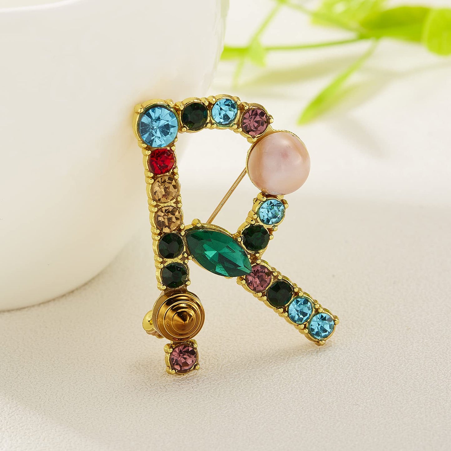 RINHOO Crystal Pearl Initial Brooch Gold Plated Enamel Colorful Letter Alphabet Breastpin Pin Jewelry for GIFTS (Gold R)