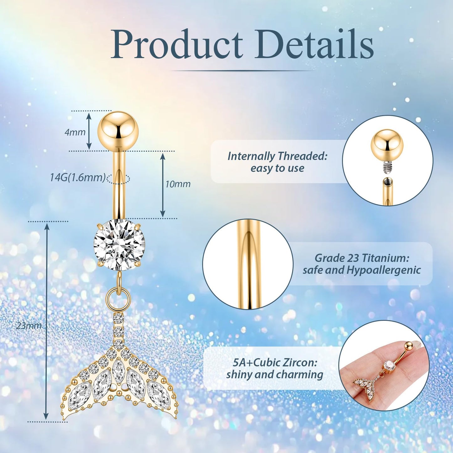 PEAKLINK Dangle Belly Jewelry 14G Internally Threaded Navel Piercing Gold Belly Button Ring 10mm for Women Titanium Curved Barbell with Fishtail CZ Navel Belly Bars