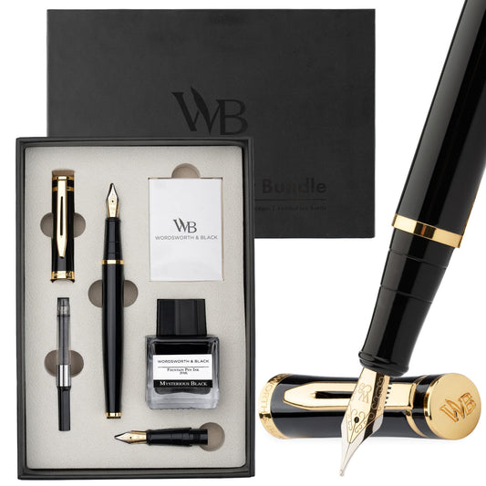 Wordsworth & Black Fountain Pen Set,18K Gilded Medium and Extra Fine Nib,25MLBlack Ink Bottle,6 Ink Cartridges,Refill Converter,Gift Box,Smooth Writing Pens [Black Gold],Gift Set for Men and Women