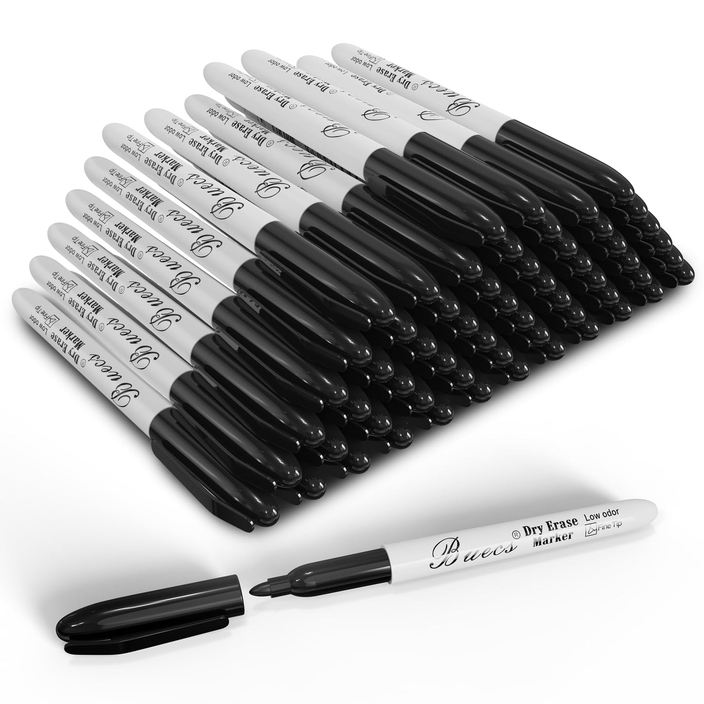 Buecs Black Dry Erase Markers, Low-Odor, 60 Count, Fine Point, Perfect for Writing on Whiteboards, Dry-Erase Boards, Glass, School Office Supplies