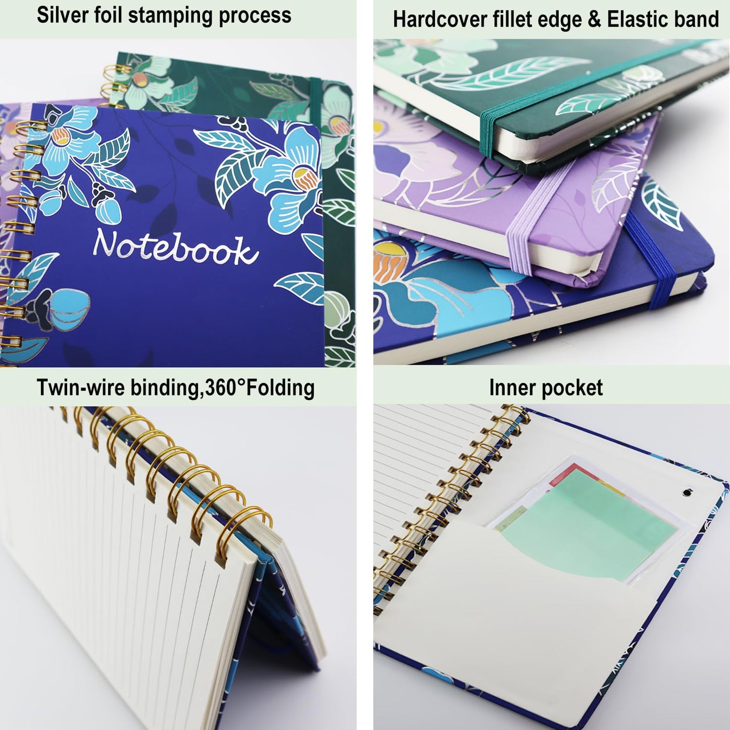 Aacehlh 3 Pack Hardcover Spiral Notebook Journal for Women,A5 College Ruled Notebooks with Pocket,8.5"x 5.7",160 Pages,Cute Journals for Daily Study or Work