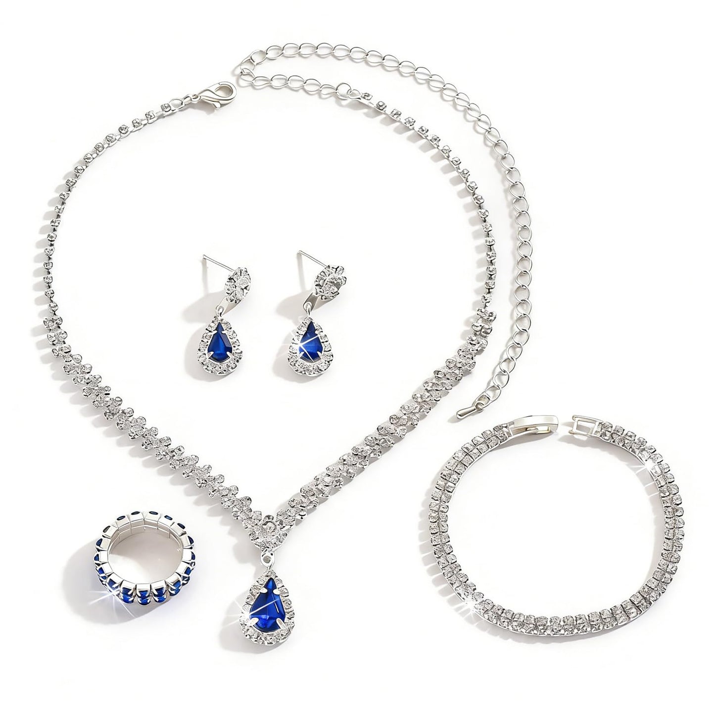 IS4U Rhinestone Water Drop Set for Women Bridal Wedding Vintage Colourful Crystal Zircon Statement Necklace Ring Earrings Bracelet Set Party Dress Ball Fashion Jewellery (Blue)