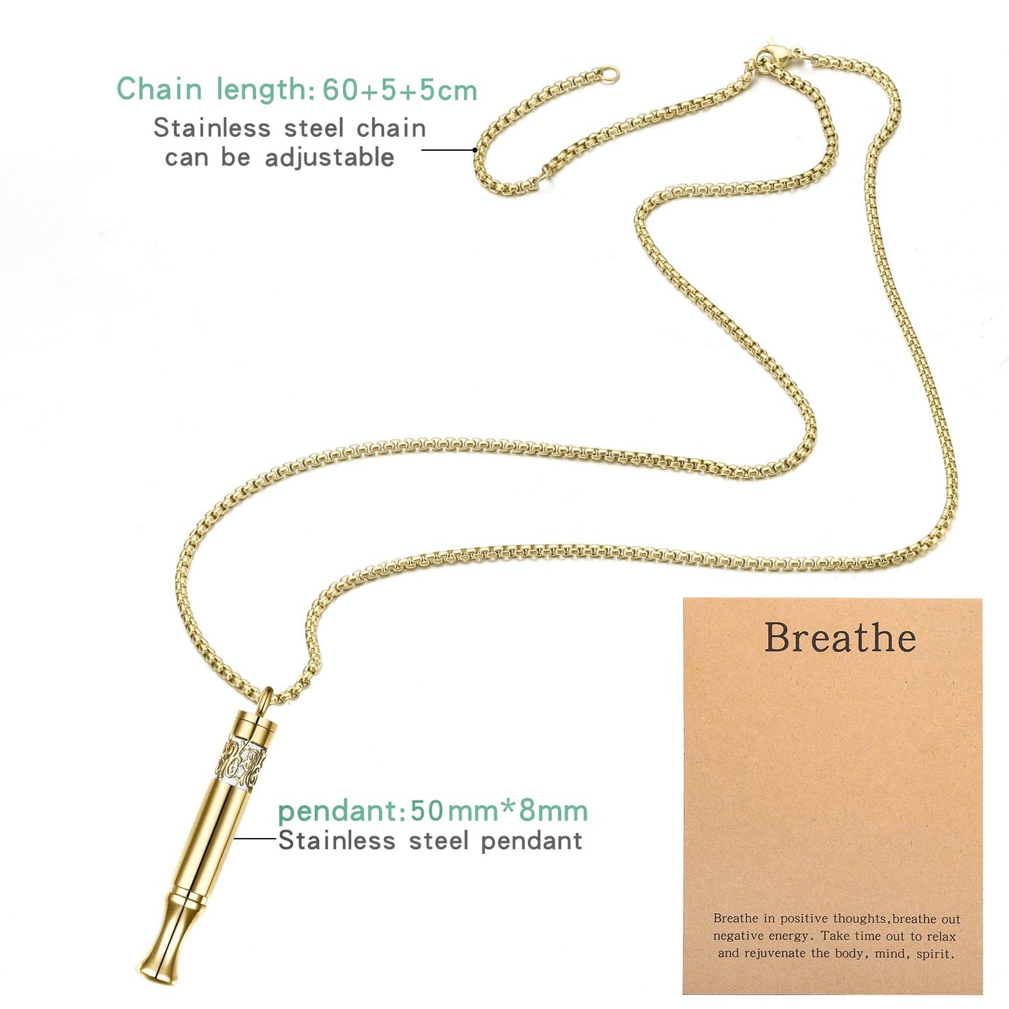 Anxiety Relief Pendant Mindfulness Breathing Necklace - Essential Oil Diffuser & Personal Inhaler Aromatherapy Necklaces for Women & Men (Gold)