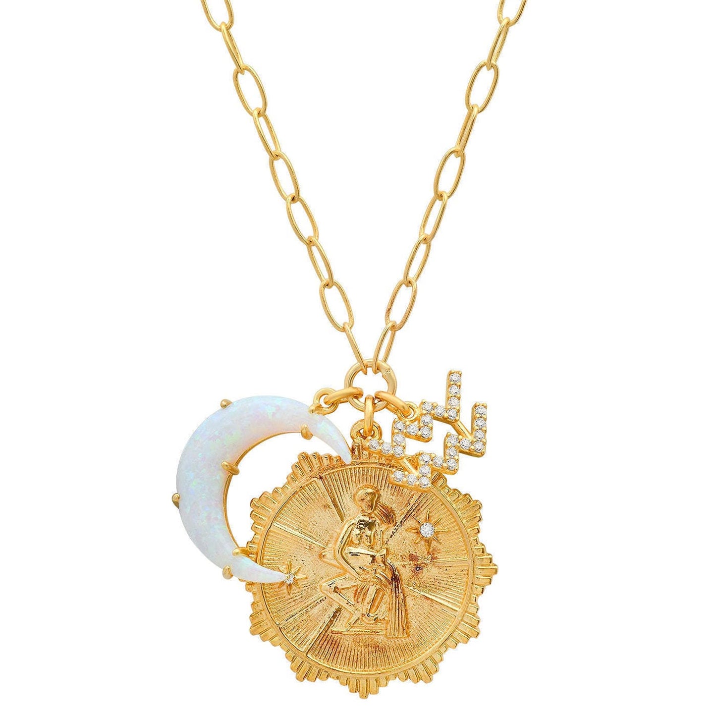 Lanadale Dainty Gold Aquarius Zodiac Coin Opal Crescent Moon Charm Necklace for Women Trendy 18K Gold Plated Retro Paperclip Chain 12 Constellation Horoscope Necklaces Astrology Jewelry Gifts