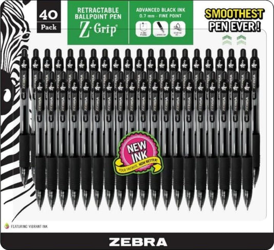 Zebra Z-grip Ballpoint Pens - Black Retractable Fine Point 0.7mm, Pack of 40