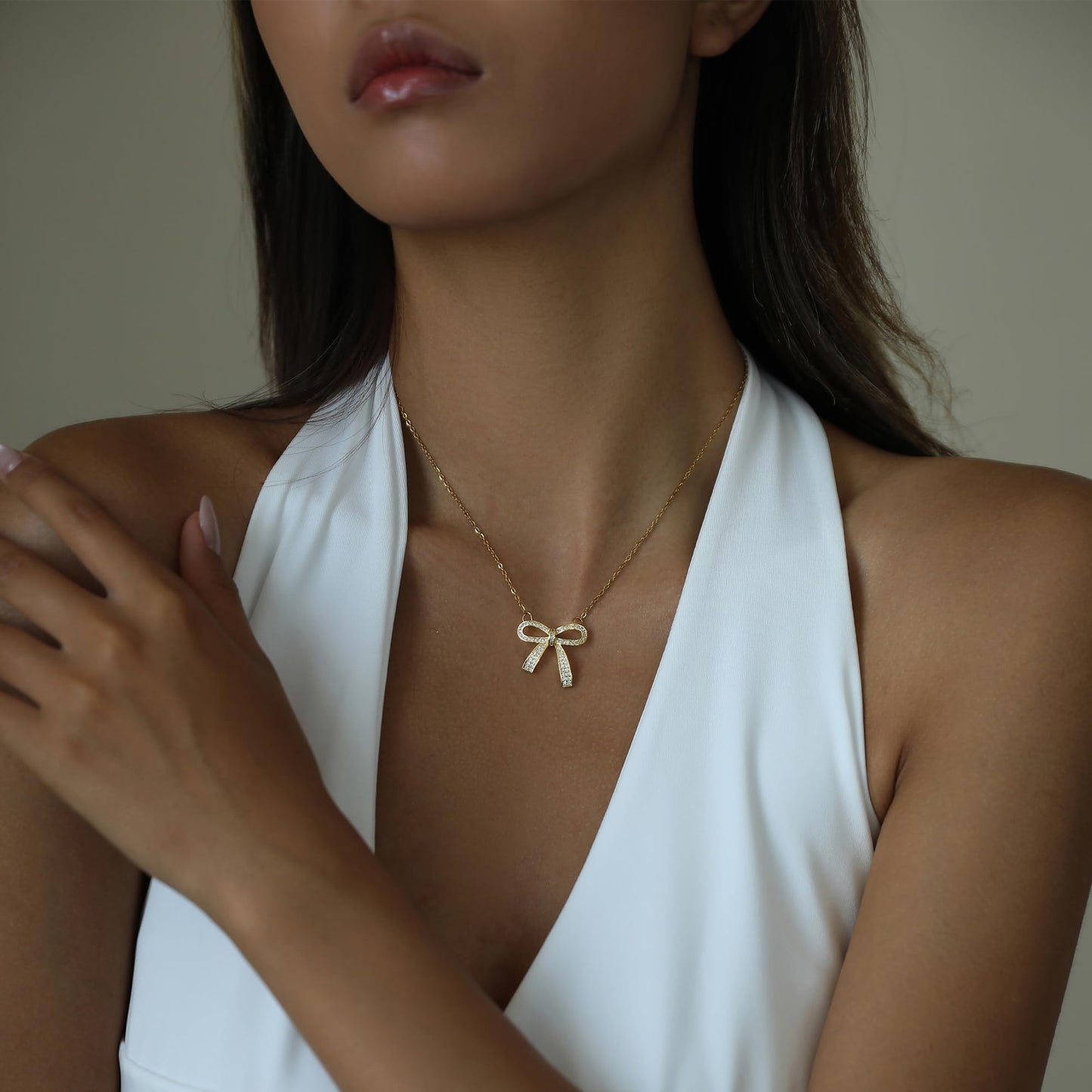 ZKJTEARY Bow necklace for Women Trendy Dainty 18k Gold Plated Cubic zirconia Charm Pendent Necklace Minimalist Delicate Bow Jewelry for Women Valentine Christmas Gift (bow)