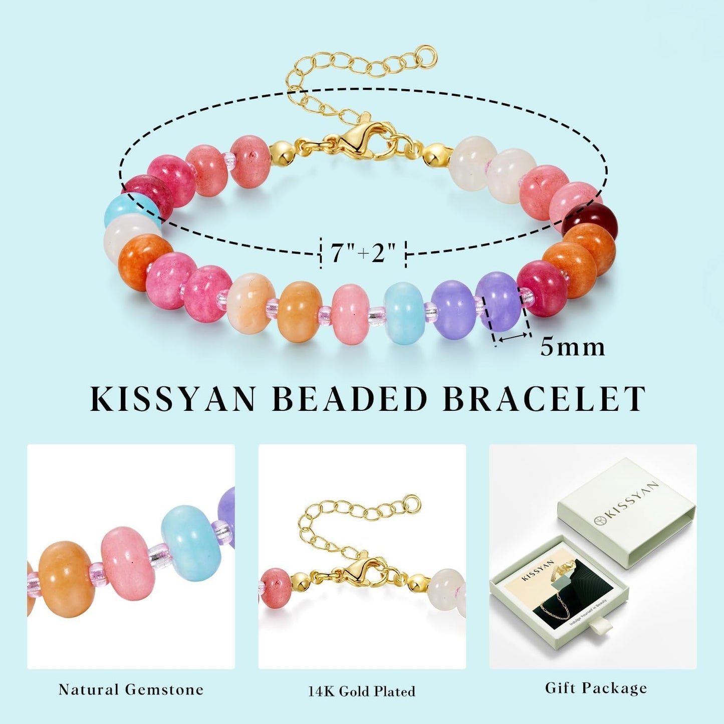 KissYan Beaded Bracelets for Women, Colorful Gemstone Boho Bead Bracelet for Beach, Natural Stone Handmade Summer Jewelry Gifts Style 3