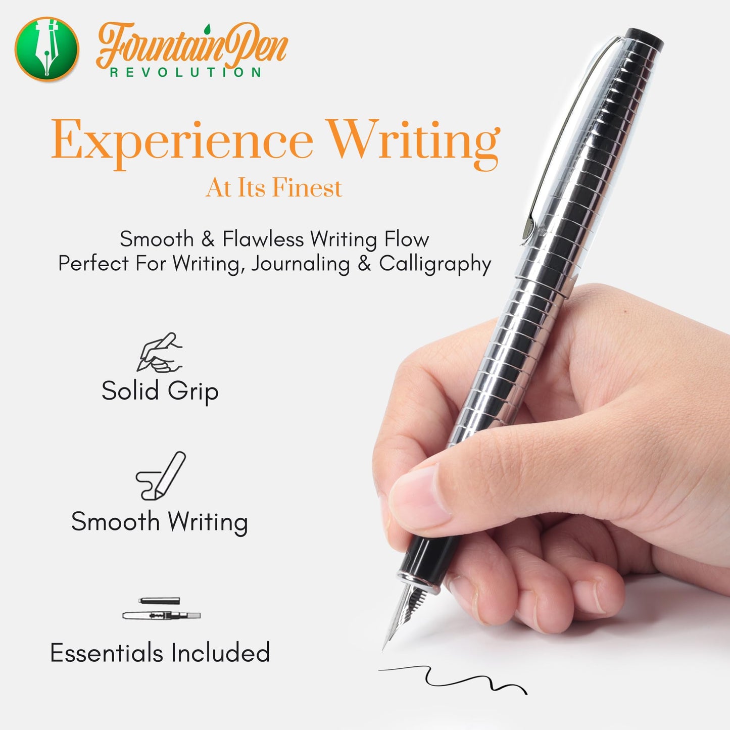 FPR Ambassador Ultra Flex Nib Fountain Pen Set, Chiseled Chrome - Refillable Pen w/Cartridges & Converter - Calligraphy Pens for Writing, Journaling & Gifting - Luxury Pens For Smooth Strokes