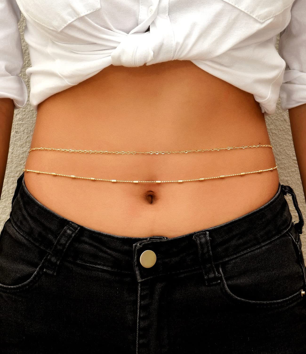 Honsny 2PCS 25-43Inch 18K Gold Plated Waist Chain Minimalist Pearl Belly Body Chain Gold Layered Sexy Bikini Body Chains Waist Jewelry for Women