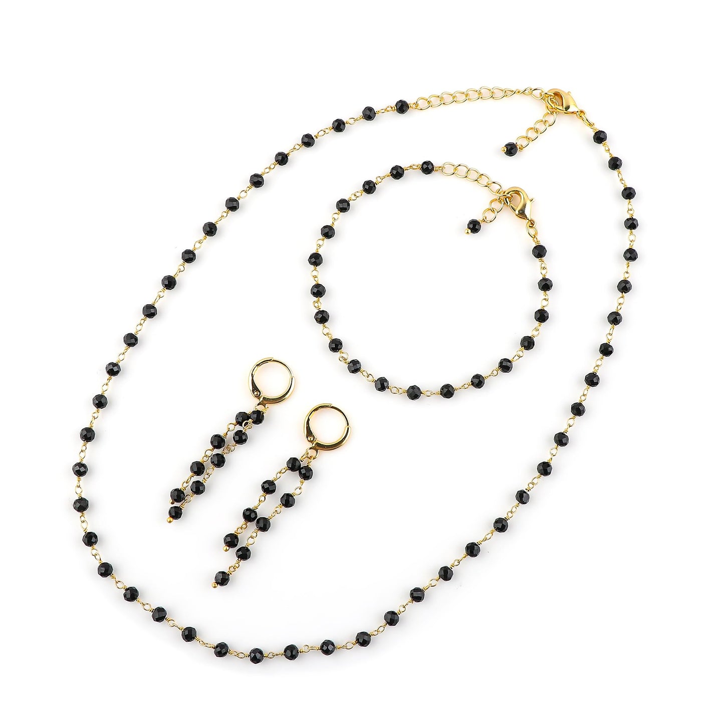 CRYSTALINES (3pcs) Natural Black Tourmaline Gemstone Cluster Jewelry Combo Set, 14K Gold Plated, Crystals Beads Rosary Chain, Handmade Bohemian Jewelry - Bracelets, Necklace, Earrings for Women