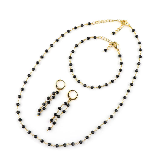CRYSTALINES (3pcs) Natural Black Tourmaline Gemstone Cluster Jewelry Combo Set, 14K Gold Plated, Crystals Beads Rosary Chain, Handmade Bohemian Jewelry - Bracelets, Necklace, Earrings for Women