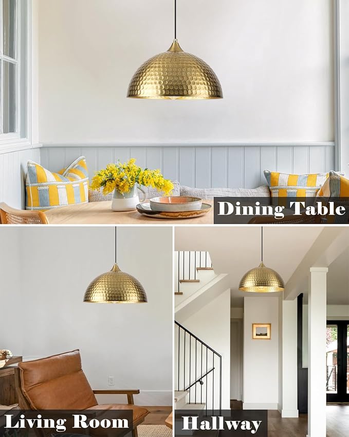 Gold Pendant Lights Kitchen Island 2 Pack, 12 Inch Hammered Dome Pendant Light, Farmhouse Kitchen Pendant Lights, Industrial Hammered Pendant Light for Kitchen, Dining Room, Barn
