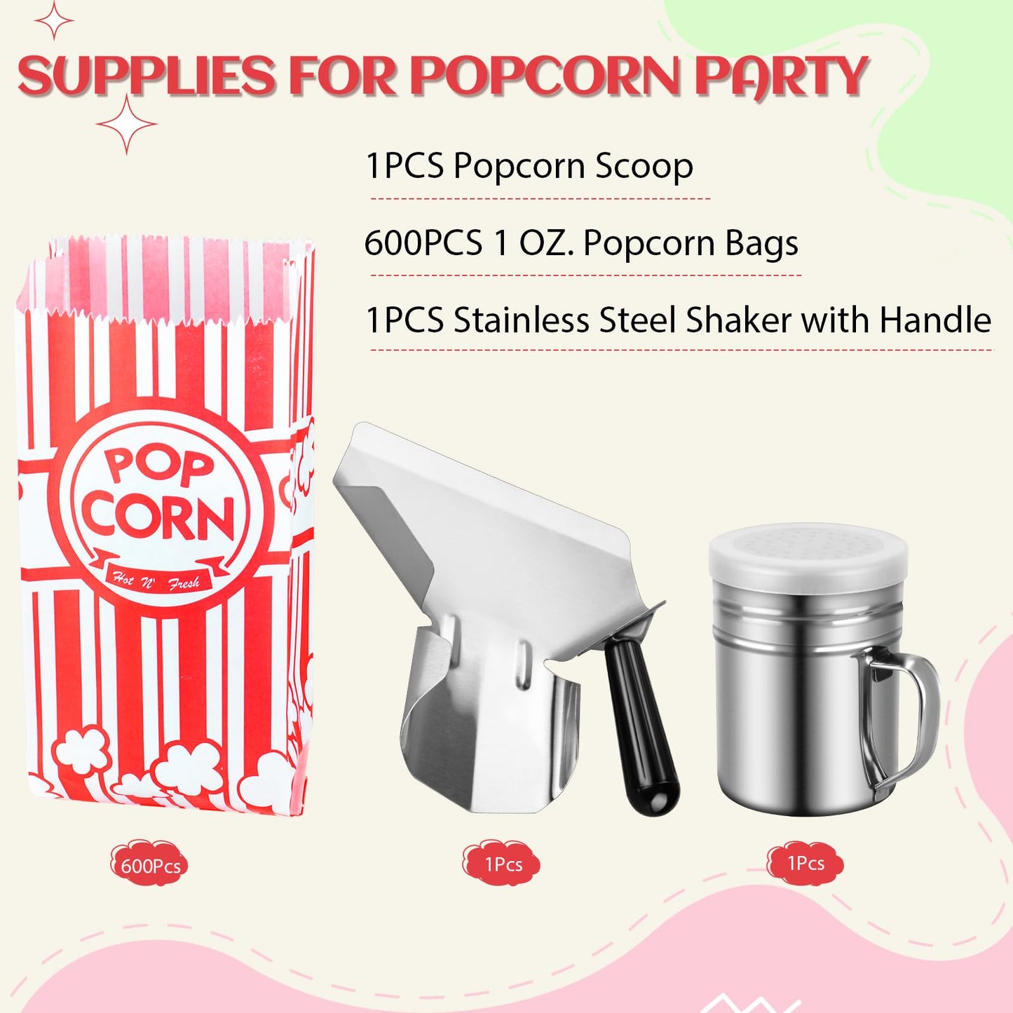 Essenya 602 Pcs Popcorn Bags with Popcorn Scoop and Salt Shaker,1 oz Small Pop Corn Bags Popcorn Bags Individual Servings for Popcorn Machine Supplies Party Movie Night Theater