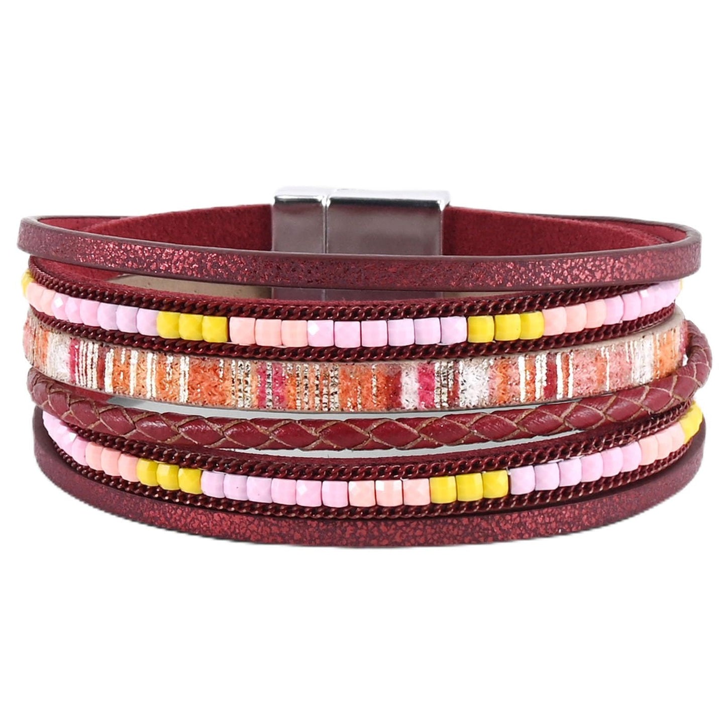 VIBILIA Boho Leather Wrap Bracelets for Women Trendy Layered Multi-Layer Bracelets with Strong Clasp Jewelry for Women - Red