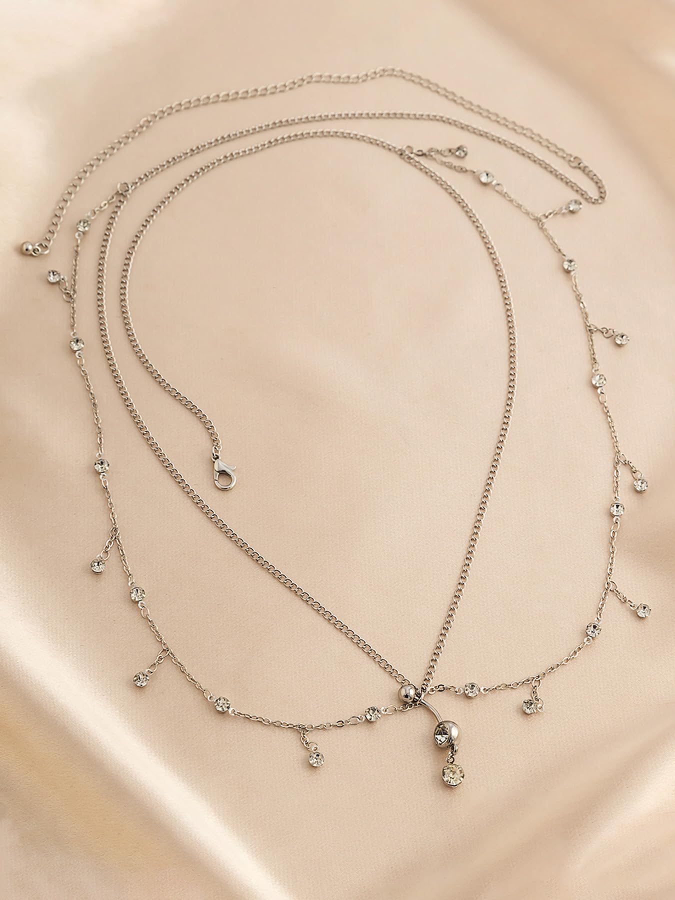 Longita Silver Waist Chain for Women Silver Belly Chain With Belly Rings Layered Stomach Chains Rhinestone Body Chain Waist Jewelry with Navel Ring