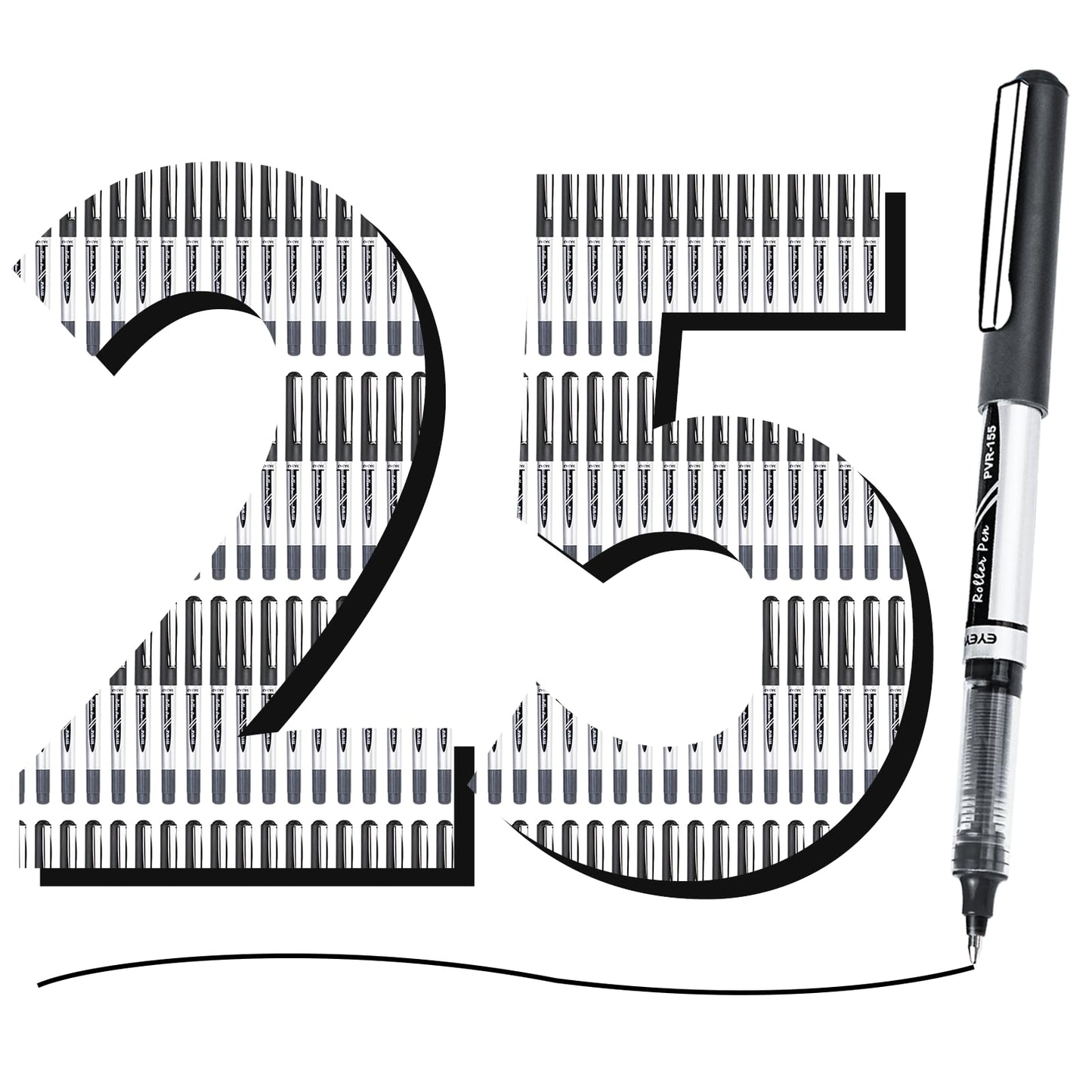 EYEYE 0.7mm Black Roller Ball Pens 25 Pack, Medium Point Rollerball Pen Quick Dry, Liquid Ink Pens Fine Point Smooth Writing Pens for Journaling, Note Taking, Office and School Supplies