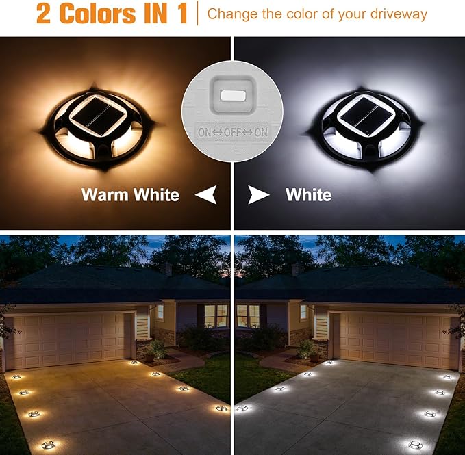 VOLISUN Solar Driveway Lights Dock Marine Lights 16 Pack,2 Colors in 1,Outdoor IP67 LED Deck Light,Solar Powered Waterproof Warning Step Ligh for Driveway Sidewalk Pathway (White/Warm White)