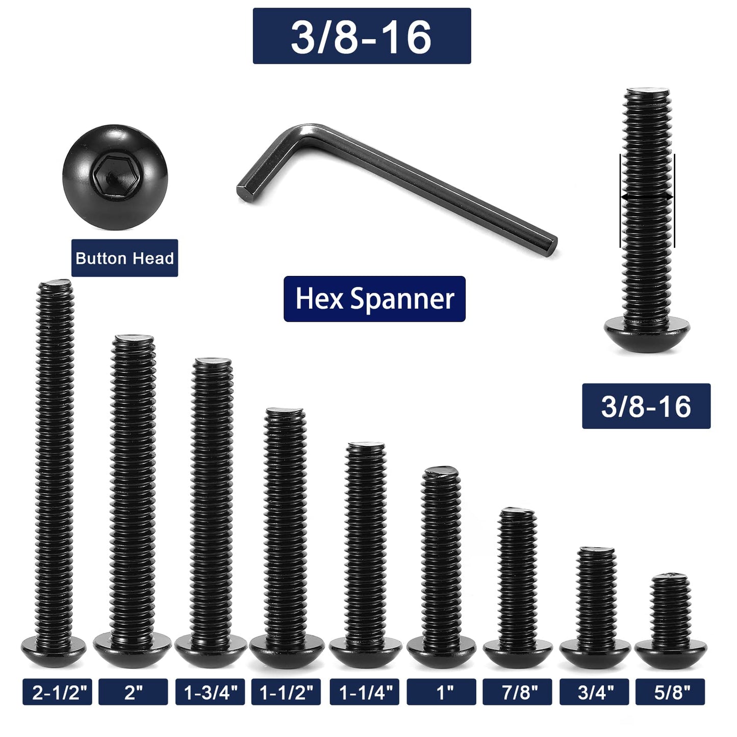 3/8-16 x 2 Button Head Socket Cap Bolts Screws, 20Pcs 304 Stainless Steel 18-8, Allen Hex Drive, Black Oxide by SG TZH(with Hex Spanner)