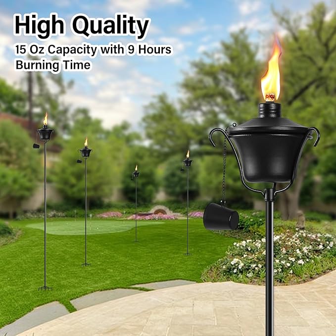 4 Pack Outdoor Garden Torch, 15 oz Outdoor Citronella Torches, 58 Inch 5-Prong Grounded Stake Torches, Metal Torches with Fiberglass Wick for Yard, Patio, Deck, Garden, Party, Landscape