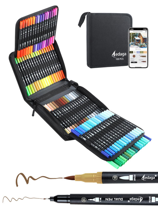 100 Colors Dual Brush Markers, Fine and Brush Tips Numbered Pens with App for Adults, Coloring Book Bullet Journaling Note Taking Planner Hand Lettering Calligraphy Drawing Art Supplies Kit