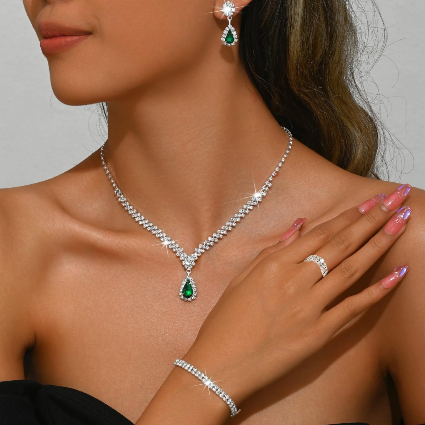 IS4U Rhinestone Water Drop Set for Women Bridal Wedding Vintage Colourful Crystal Zircon Statement Necklace Ring Earrings Bracelet Set Party Dress Ball Fashion Jewellery (Green)