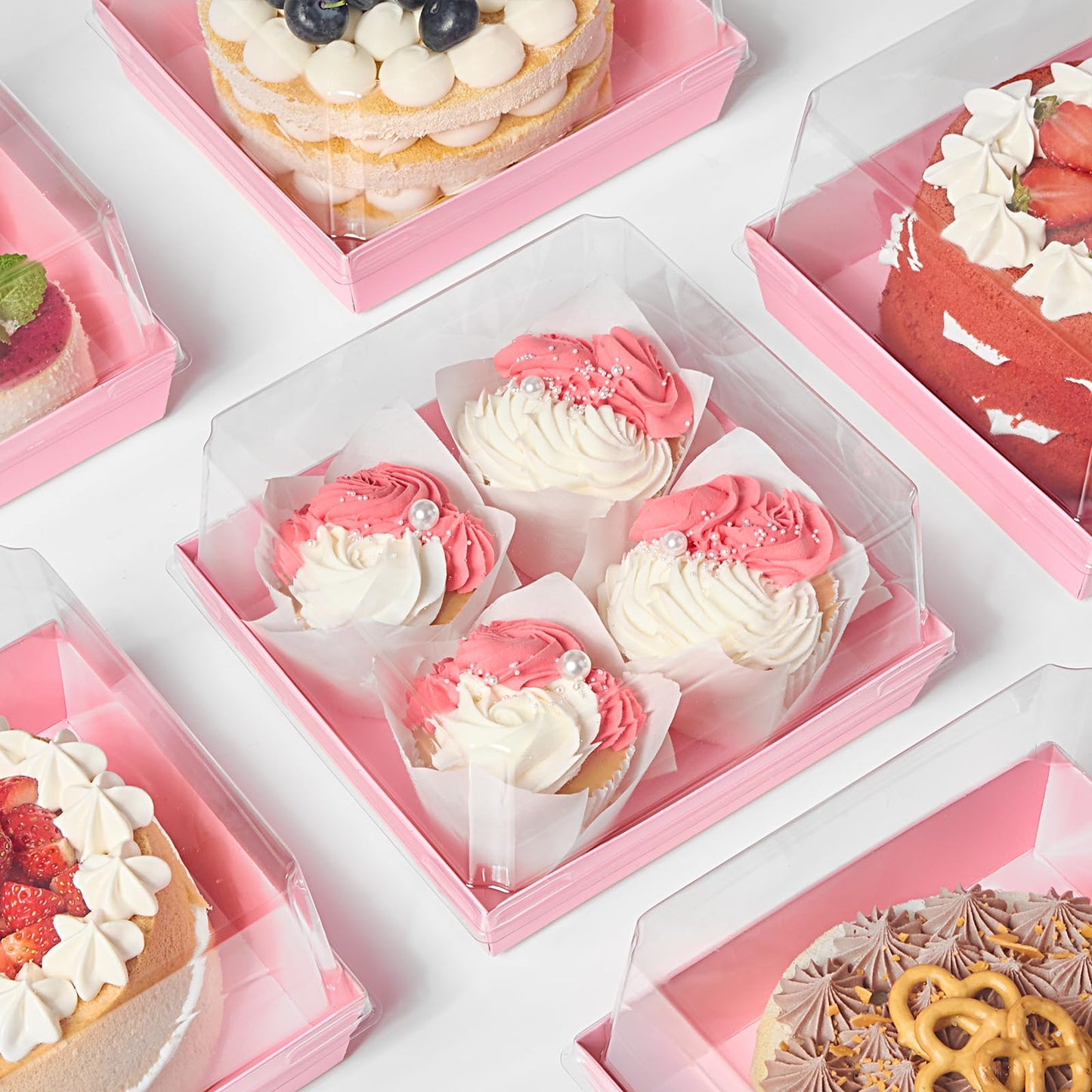 ZORRITA 7 x 7 x 4 Inches Paper Cake Boxes with Clear Lids, 40 Pack Disposable Charcuterie Boxes Square Food Containers for 4-6 Inch Cake, Dessert, Pie, Cupcake, Bakery (Pink)