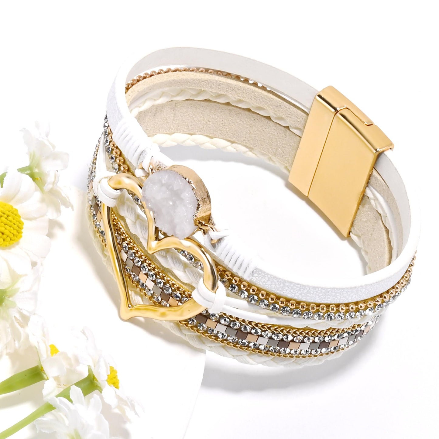 VIBILIA Boho Leather Wrap Bracelets for Women Heart Multi-Layer Bracelets with Strong Clasp Jewelry for Women-White