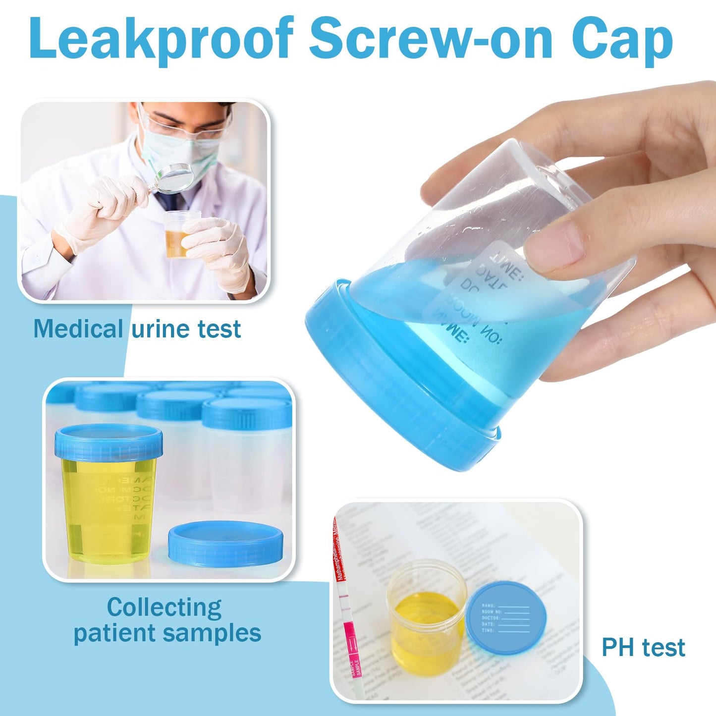 Geiserailie 200 Pcs Disposable Specimen Cup Urine Pee Cups for Testing 4oz Specimen Container with Leak Proof Screw on Lids for Safe Urinalysis Pee Stool Sample Collection Analysis (Blue)