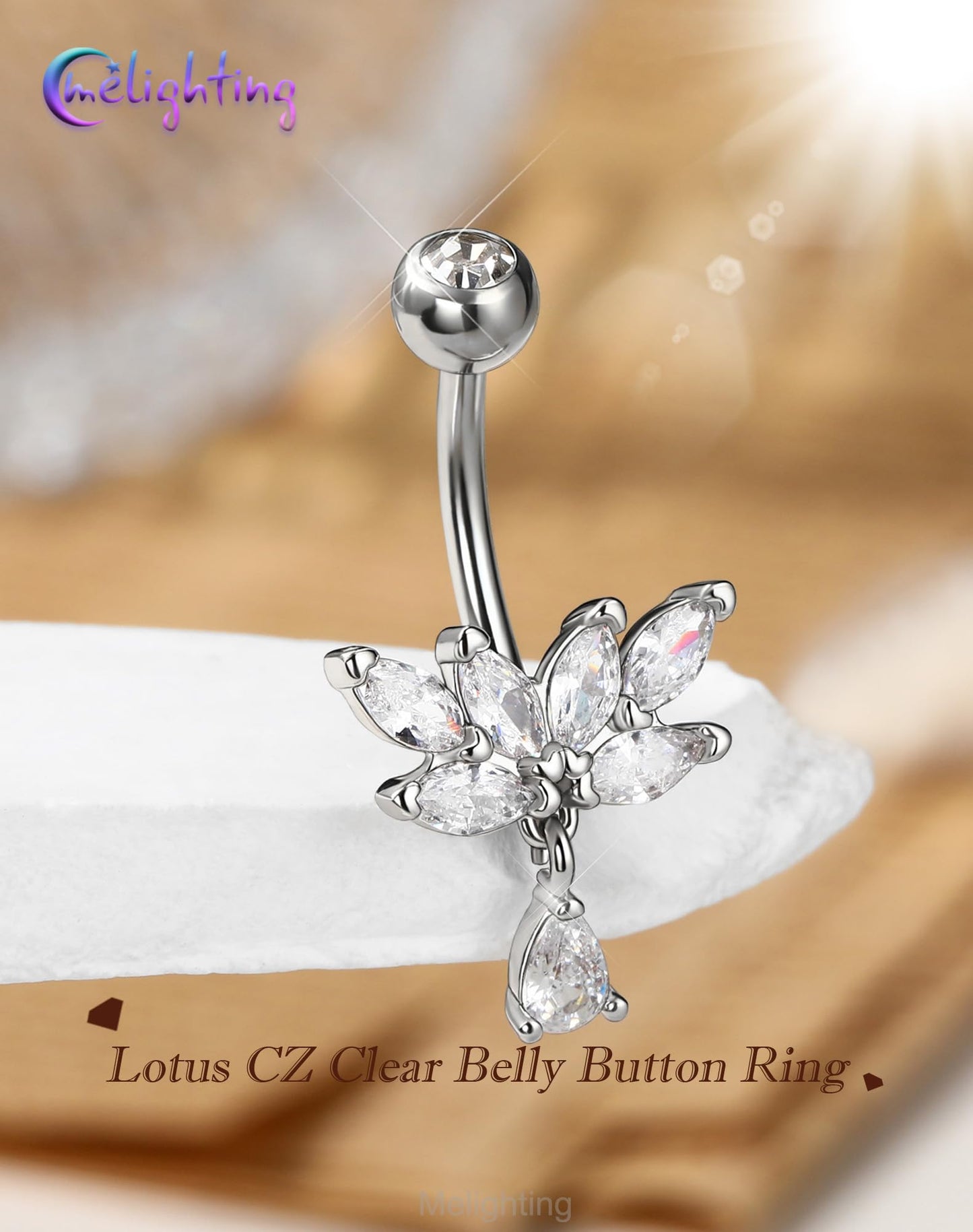 Melighting 14G Lotus Belly Button Ring Stainless Steel 316L Dangle Navel Piercing Jewelry Marquise CZ Belly Bar 10 mm Silver Body Jewellery for Women