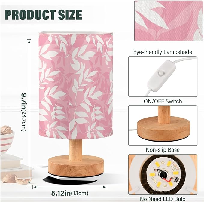 Fustylead Light Pink and White Leaves Bedside Table Lamps with USB Port for Bedroom Lamp Accent Table Lamp Small Nightstand Lamp Sturdy Linen Shade Wooden Decorative Lamps for Kids|Reading|Dorm|Home