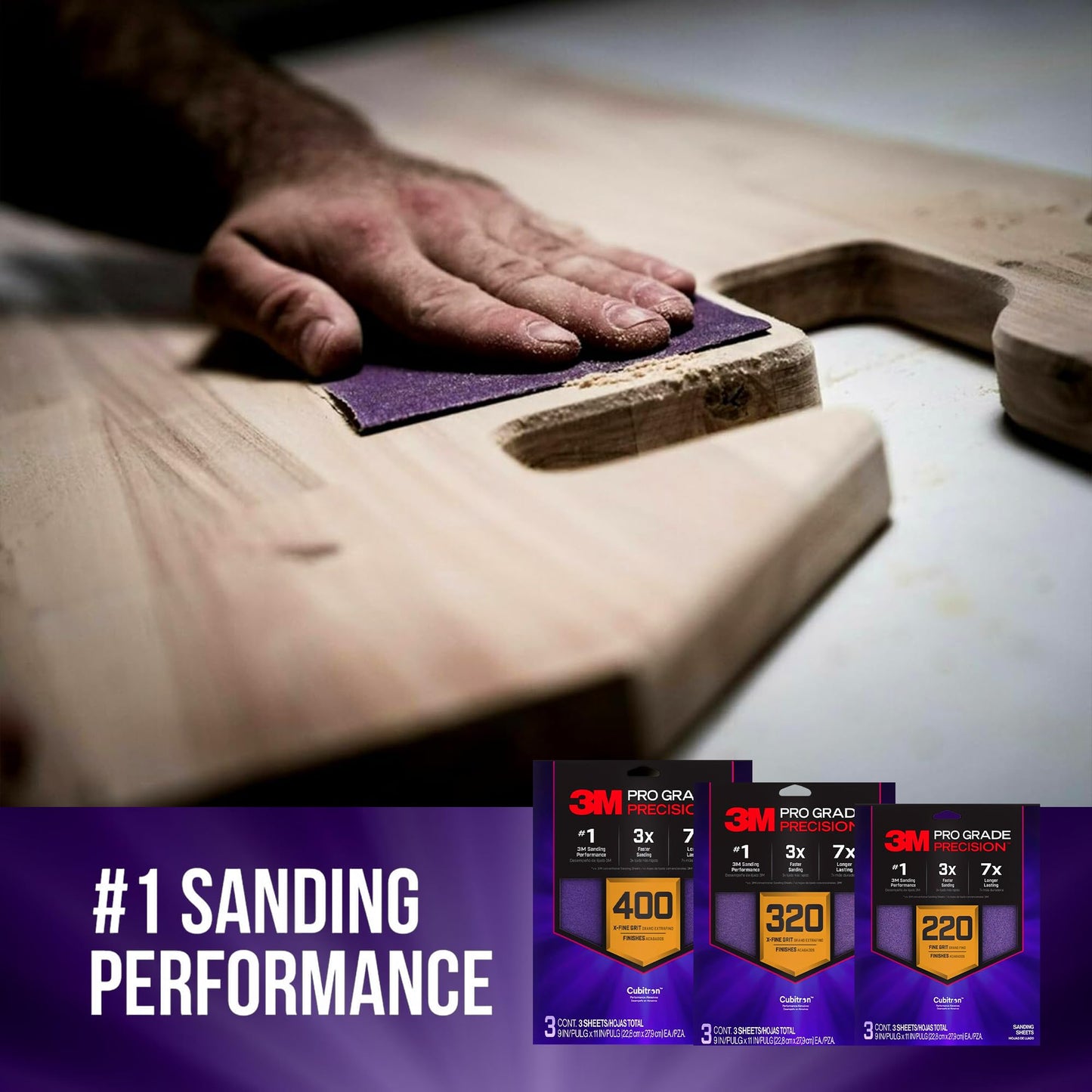 3M Pro Grade Precision Faster Sanding Sheets, NO-Slip Grip Backing, Assorted Grits 220/320/400, 9" x 11", 3 Sheets Each, 9 Total