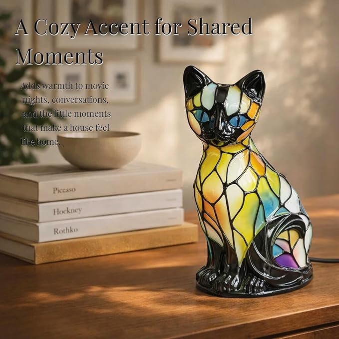 Cat Lamp, Stained Glass Cat Lamp, Decorative Resin LED Night Light for Cat Lovers, USB Vintage 3D Table Lamp Cozy Glow for Desk & Mantel – Fun Gift for Pet Owners (Siamese Cat B)