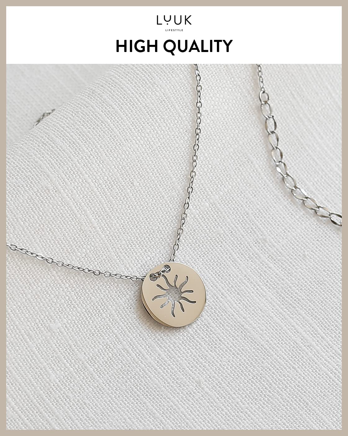LUUK LIFESTYLE Necklace for women made of quality stainless steel with sun pendant and HAPPINESS gift card, modern and trendy jewelry for summer, Mediterranean sign of vitality, lucky charm, silver