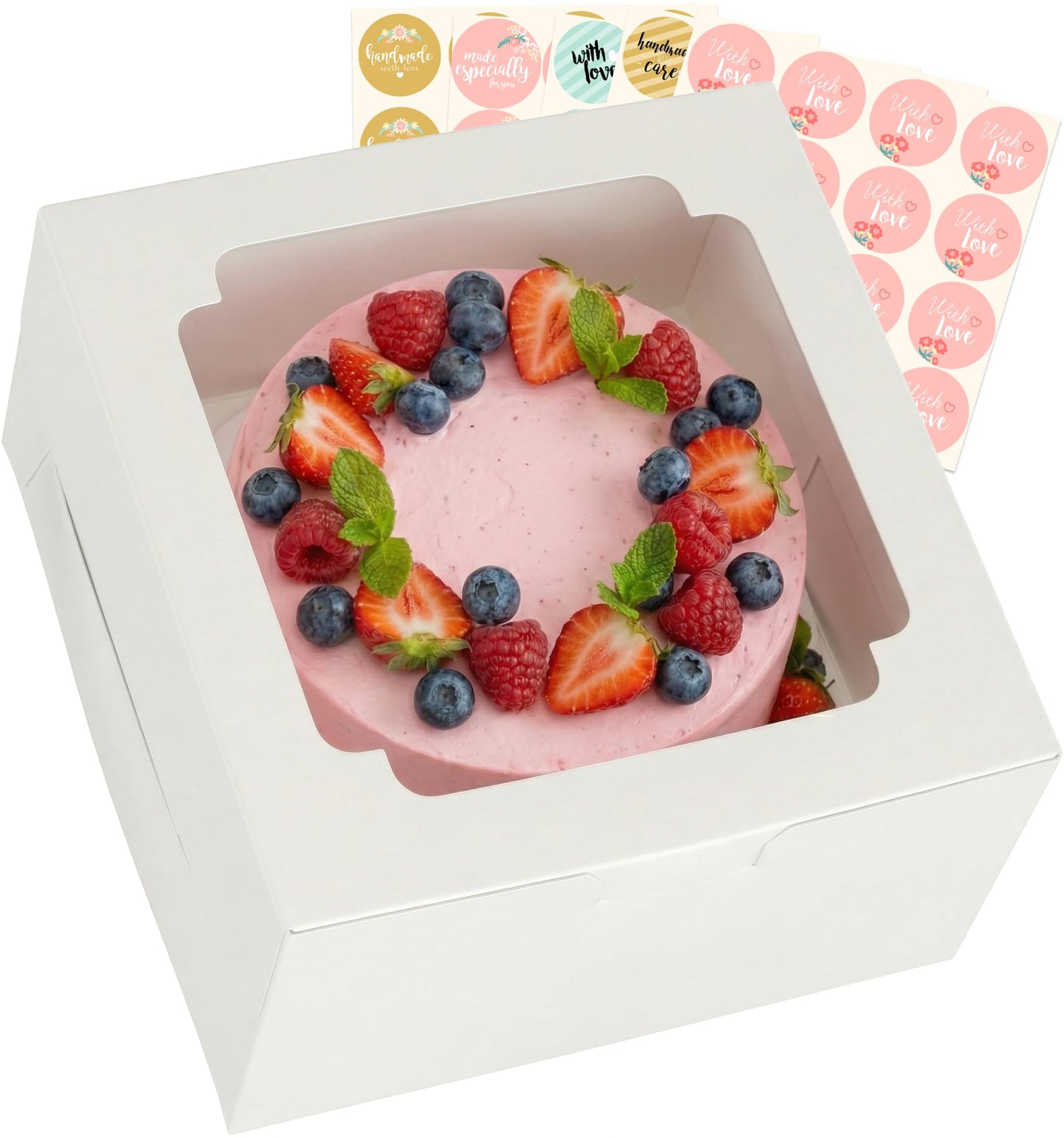 25pcs Cake Boxes 10x10x5 Inch with Window, 10 Inch White Bakery Boxes, Square Cardboard Large Pie Box, Package for Cookies, Donut, Birthday Party, Dessert, Wedding, Pastry Packaging (80 Pcs Stickers)