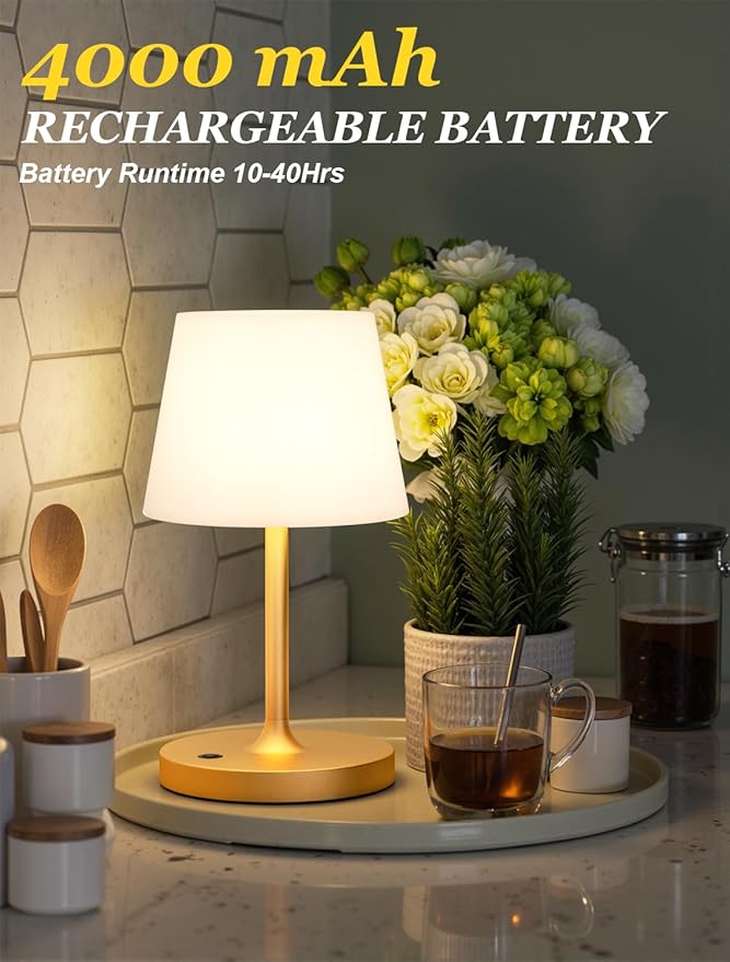 Kakanuo Gold Cordless Shower Lamp Waterproof, Rechargeable Cordless Lamp with 4000mAh Battery, Touch Dimmable Table Lamp for Outdoor, Kitchen, Bathroom, Camping, Patio, IP54
